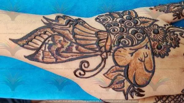 butterfly and heart with cone mehndi