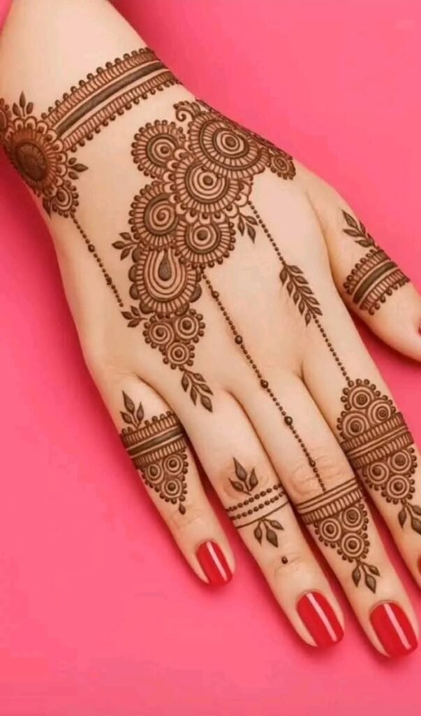 easy simple circle mehndi design on fingers and palm